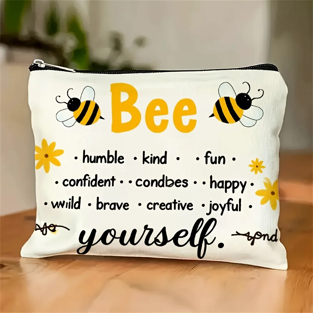 A Bee Printed Pattern Makeup Bag-cute Multifunctional Zipper Pouch, Jewelry Storage Bag, Perfect Travel Zipper Small Storage Bag