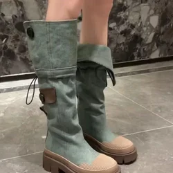 Women Flats Platform Fashion Denim Chelsea Boots Shoes Designer Knee High Motorcycle Boots Casual Goth Shoes Snow Botas Mujer