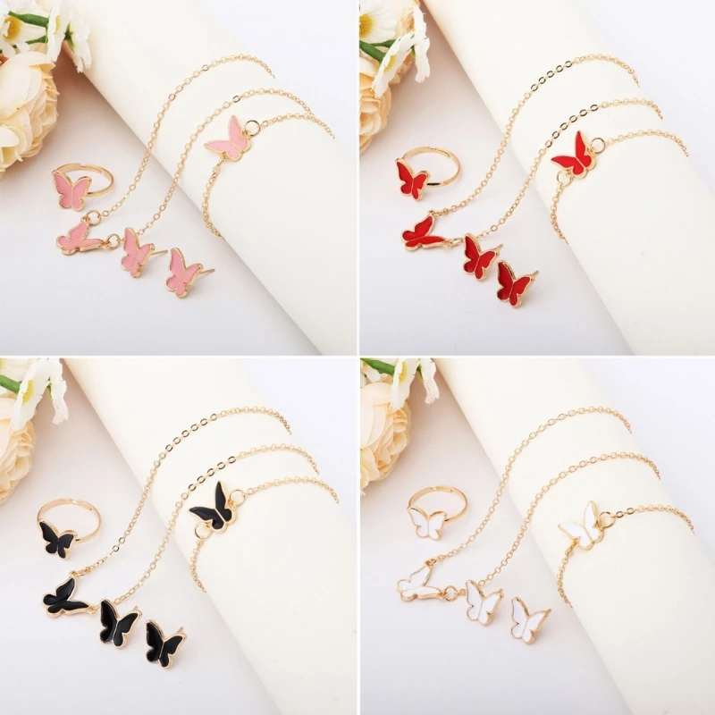 6pcs Fashion Butterfly Jewelry Set Luxury Watch Rings Necklace Earrings Bracelet for Women Ladies Wristwatch