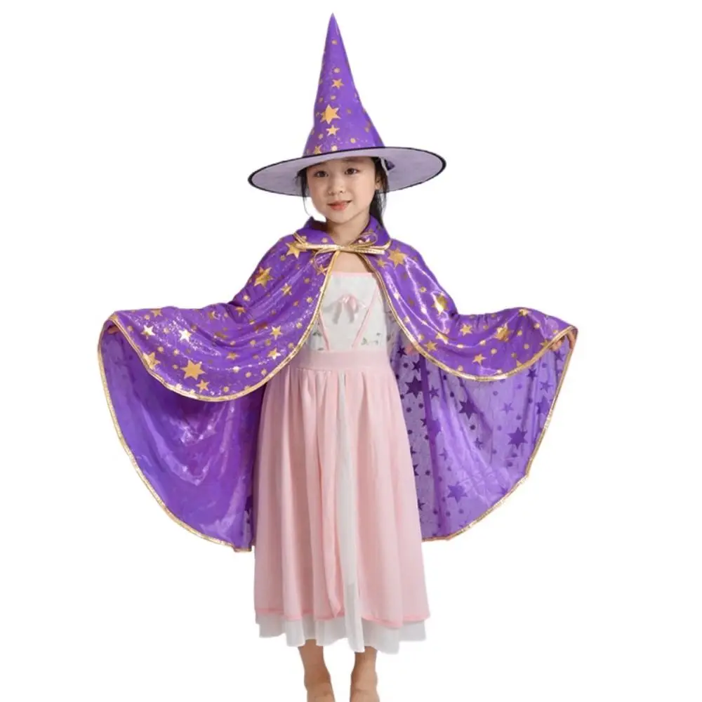 Star Witch Cloak Cape with Hat Gilding Multicolor Halloween Cloak Sets Magician Outfit with Wizard Hat Halloween Costumes Girls
