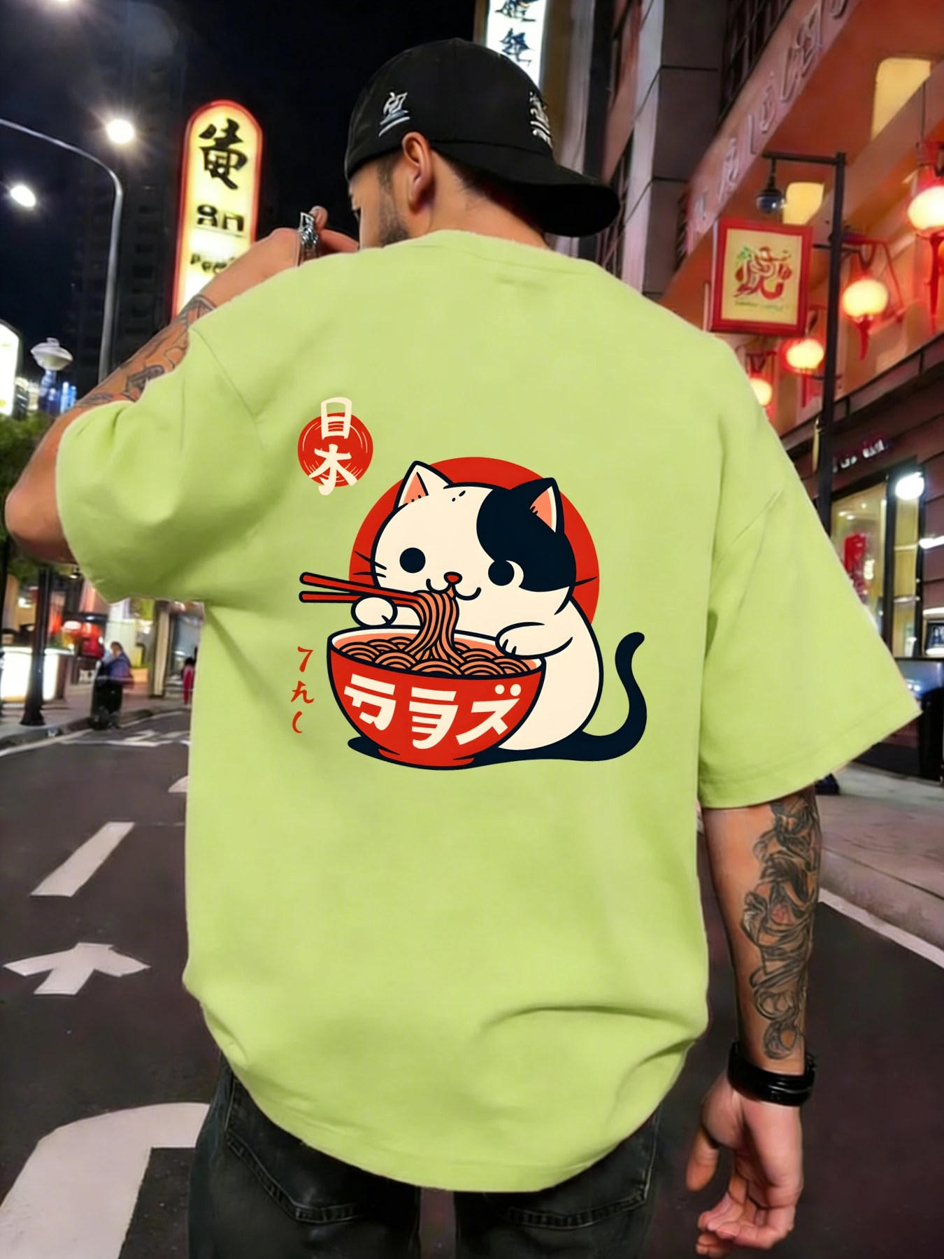 Cow Cat Likes Lamian Noodles Print Men Soft Cartoon T-Shirt Casual Loose Tops Sport Cotton Streetwear All-Match Short Sleeve