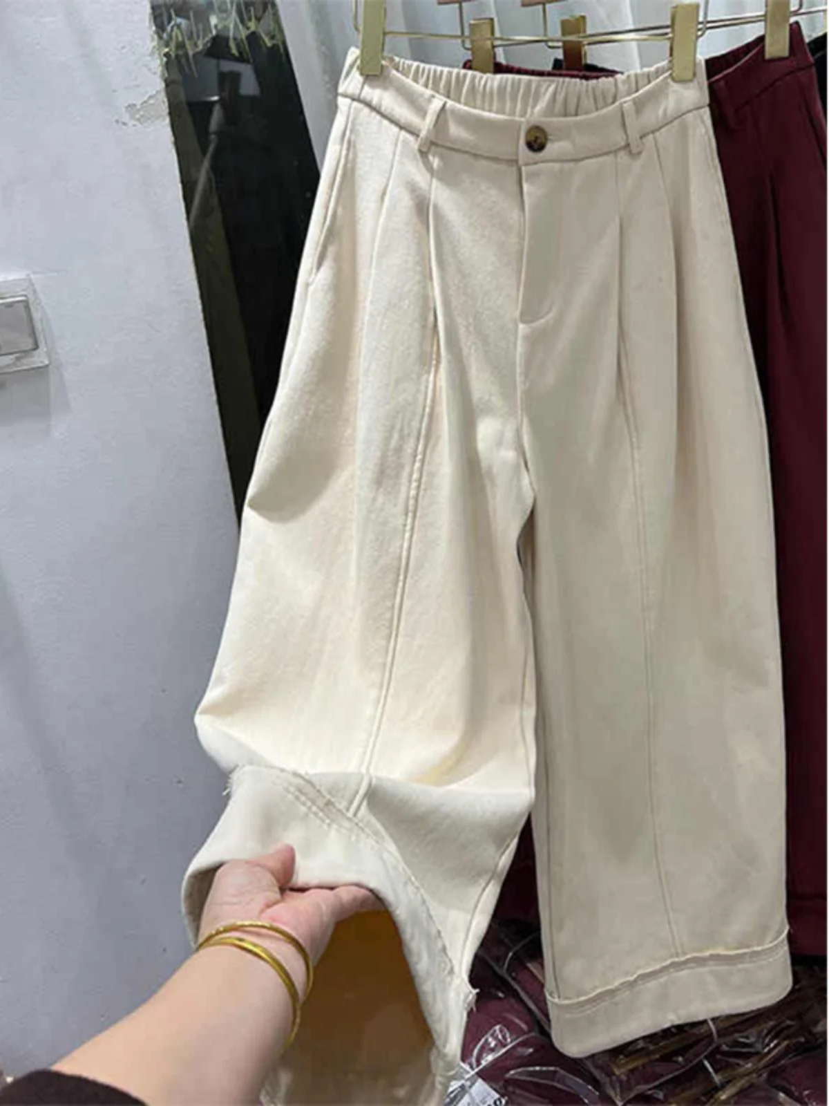 

Женские брюки с высокой талией и широкими штанинами, на флисовой подкладке, с манжетами, повседневные, для работы, свободного кроя, прямые, длинные, осенне-зимние