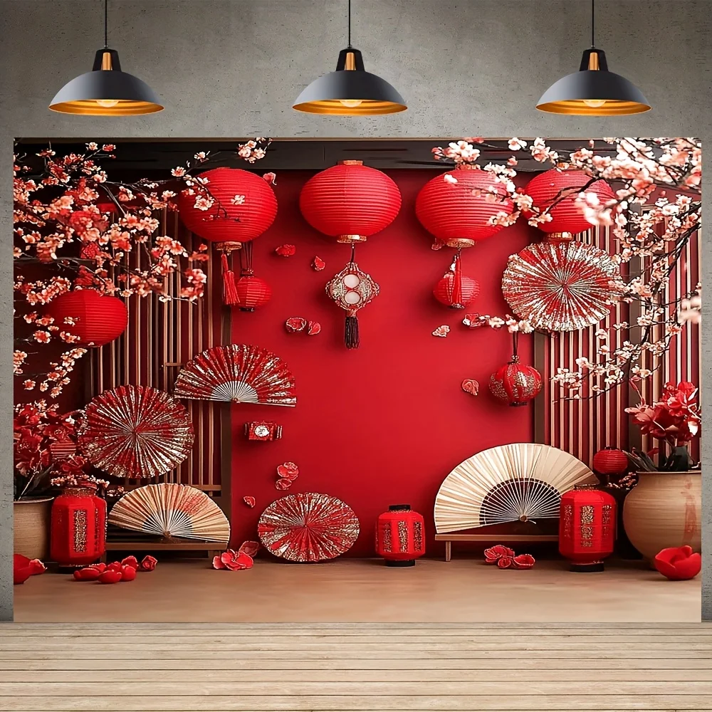 VIKAMA الاحتفال بالعام الجديد نسيج أحمر البرقوق فانوس غرفة المعيشة حائط الخلفية مهرجان الربيع غرفة الديكور