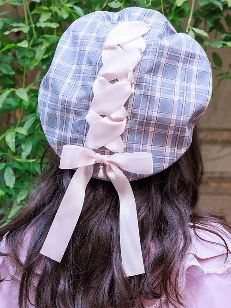beret-tricote-a-carreaux-mignon-et-elegant-avec-nœud-papillon-accessoire-de-mode-respirant-pour-femme-bonnet-chaud-en-fibre-de-polyester-pour-le-printemps