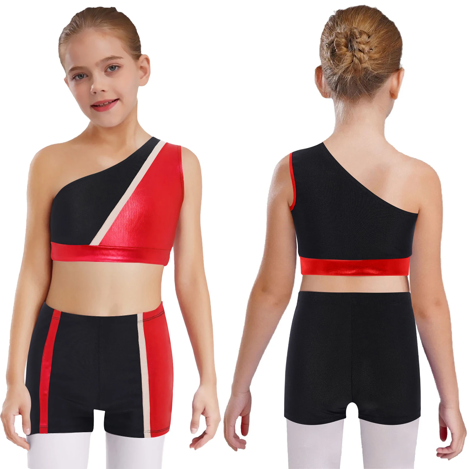 3 pçs meninas moda bloco de cores ginástica dança esportes conjunto um ombro sem mangas colheita topo + shorts + collant para festa desempenho