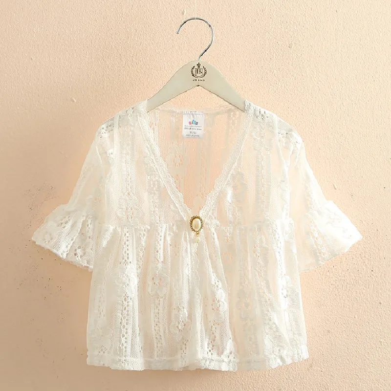 2025 Summer 3 4 6 8 10 12 Years V-Neck Breathable Beach Running Sunscreen UV Sun Protection White Lace Jacket For Kids Baby Girl