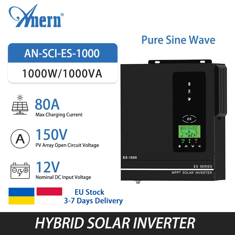 Anern العاكس للطاقة الشمسية 1KW 1.5KW المدمج في 80A MPPT شاحن بالطاقة الشمسية خارج الشبكة 24 فولت نقية شرط لموجة العاكس 12 فولت 220 فولت