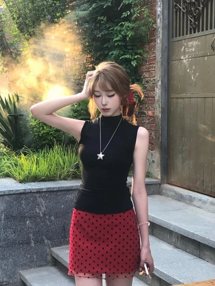 Red Polka Dot Mesh Skirt Korean Sexy Cute High Waist Slimming A-Line Short Bodycon Ladie's Party
