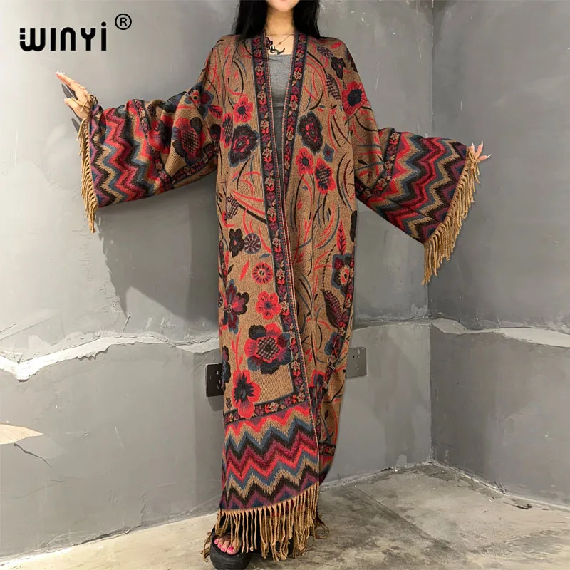 WINYI winter autumn catwalk coat for women fashion print tassel Luxury Long OverCoat Thick Warm long down coat fashion jacket