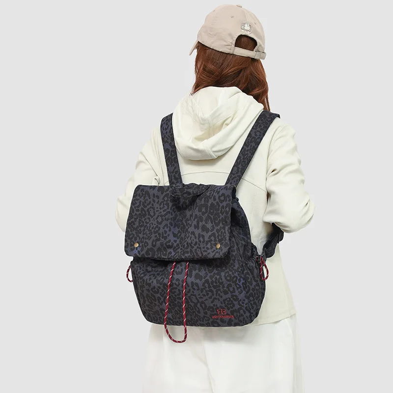 Women Oxford Backpack Leopard Print Casual Daypack with Flap and Drawstring Decor Ladies Daily Travel School Bag