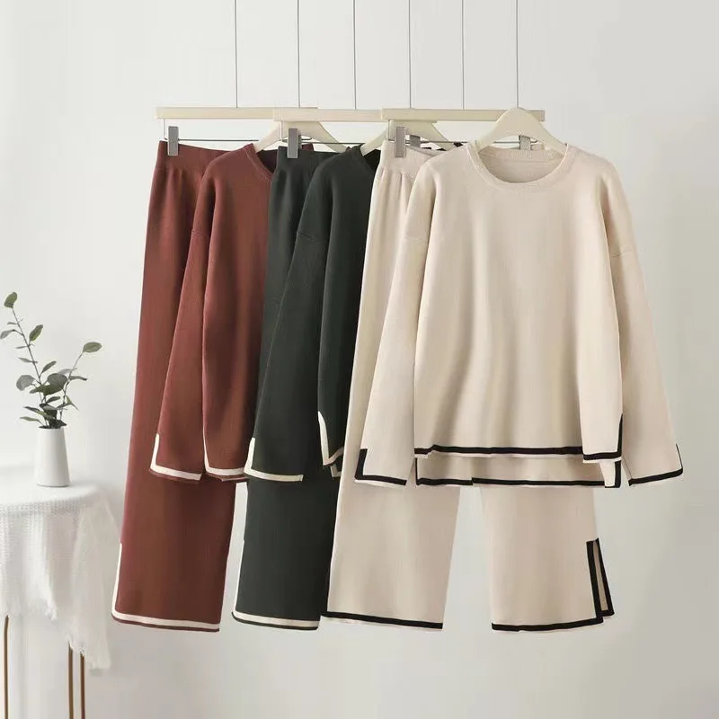 Casual Women Knitted 2 Piece Sets New Korea Elagant Sweater Coats Tops Conjunto Elastic High Waist Baggy Wide Leg Pants Ensemble