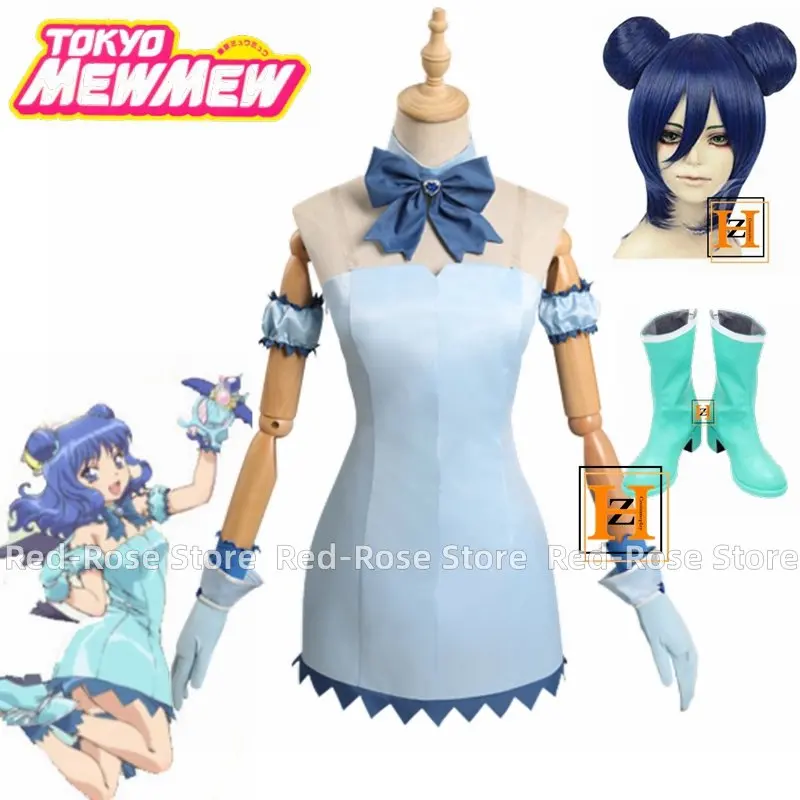 Anime Tokyo Mew Mew Aizawa Minto Cosplay Costume Wig Shoes Women Blue Dress Cute Party Clothing Halloween Carnival Uniforms