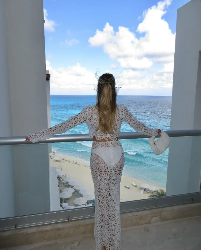 Floral Lace Crochet Hollow Out Holiday Beach 2 Piece Set Cover Ups Women See Through O Neck Long Sleeve Crop Tops + Maxi Skirts