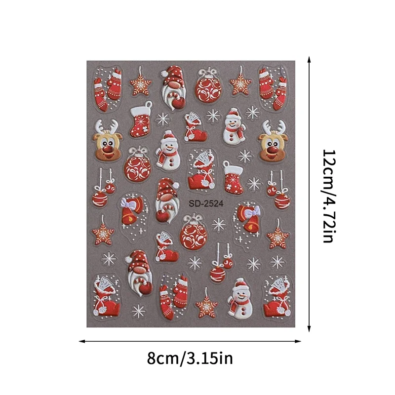 5D Embossed Christmas Nail Stickers Christmas Tree, Snowflakes, Elk, Snowman Nail Decal Autumn Winter Nail Supplies Decoration