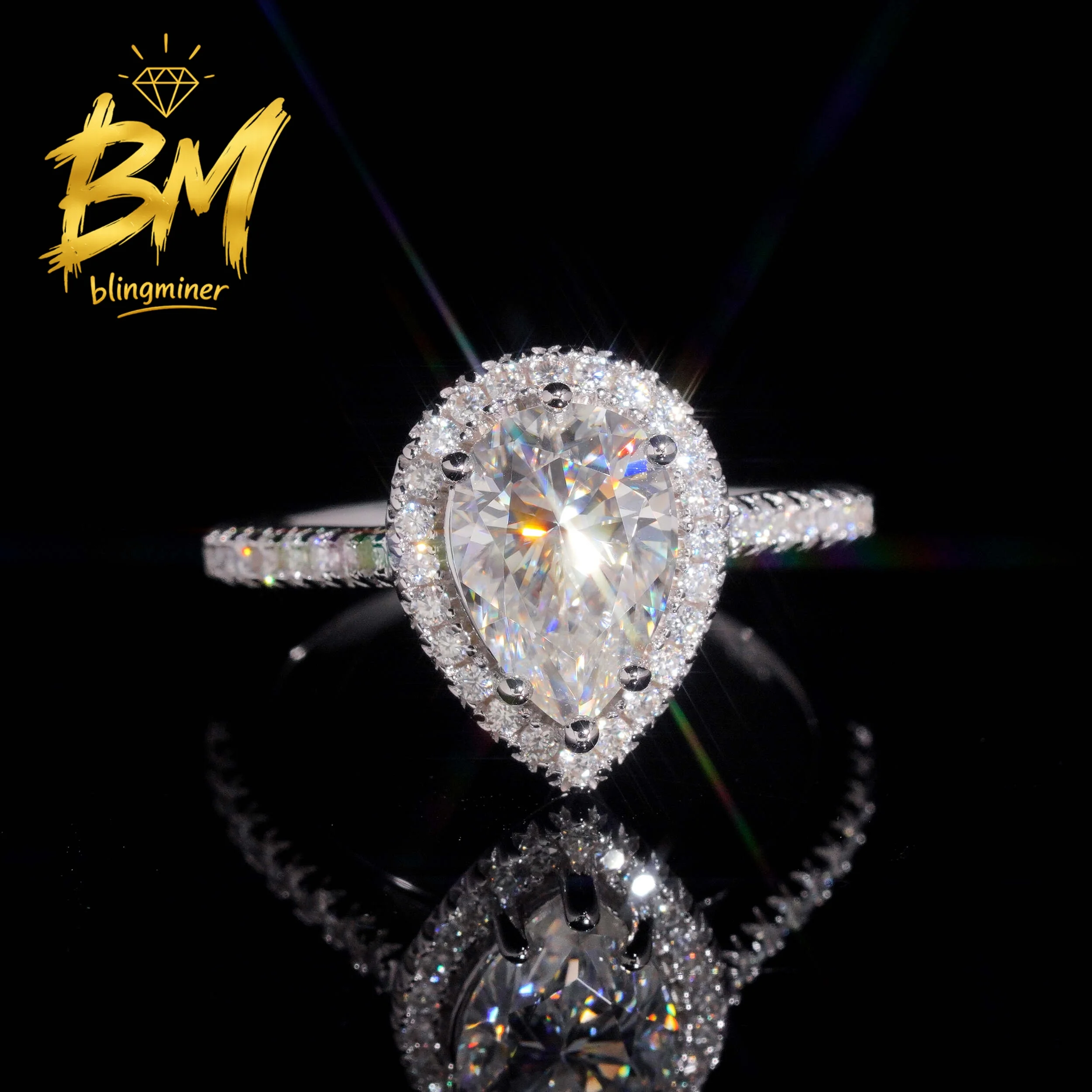 Blingminer  7x10mm 2CT Pear Cut VVS Moissanite Rings Engagement Wedding Women S925 Silver Finger Jewelry Pass Diamonds GRA