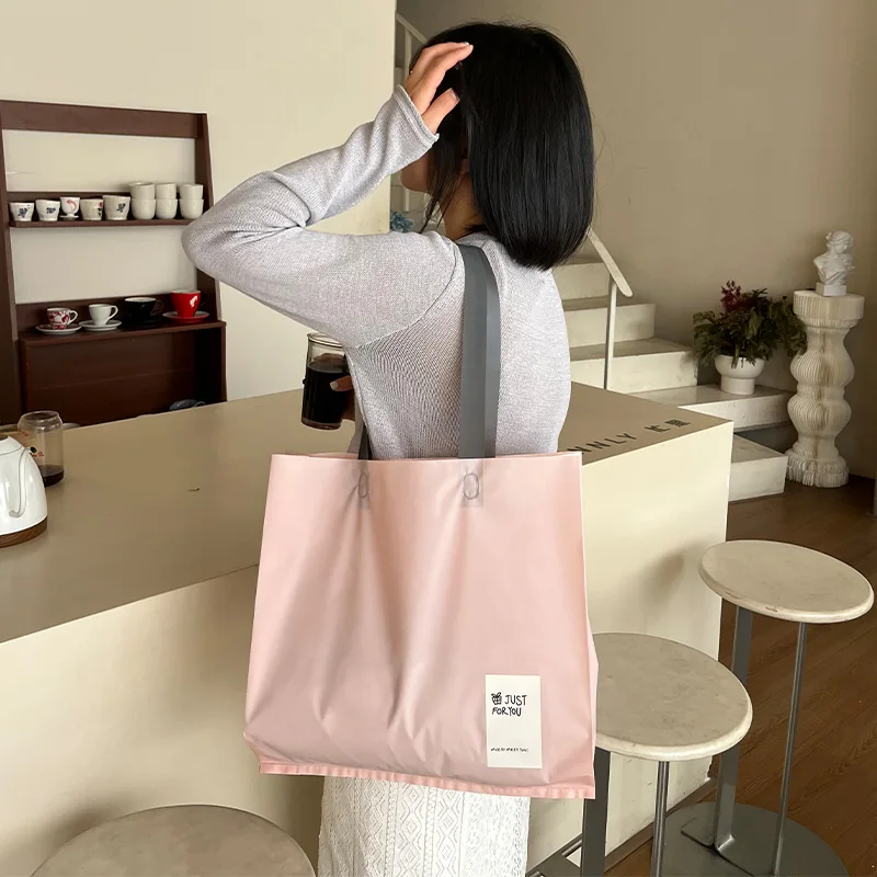 StoBag 50pcs Pink Frosted Plastic Shopping Bag Tote Shoulder Clothes Gift Package Pouch Handbag Portable Custom Logo(Extra Fee)