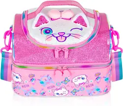 Kids Double Decker Cooler Insulated Lunch Bag Large Tote for Boys, Girls, Men, Women, with Adjustable Strap, Cat