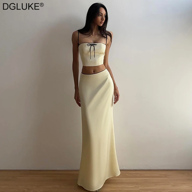 Satin 2 Piece Sets Womens Outfits Elegant Rave Party Outfit Crop Top And Long Skirt Sets Two Piece Summer Dress Sets