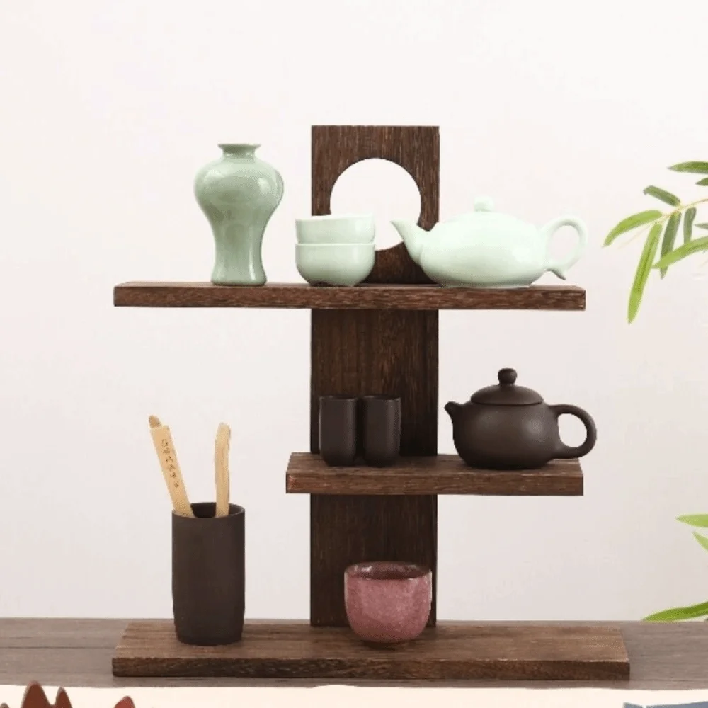 

3-4 Layers Chinese Style Storage Holders Retro Design Tea Set Wooden Tea Set Rack Solid Wood Multi-Layer Antique Stand