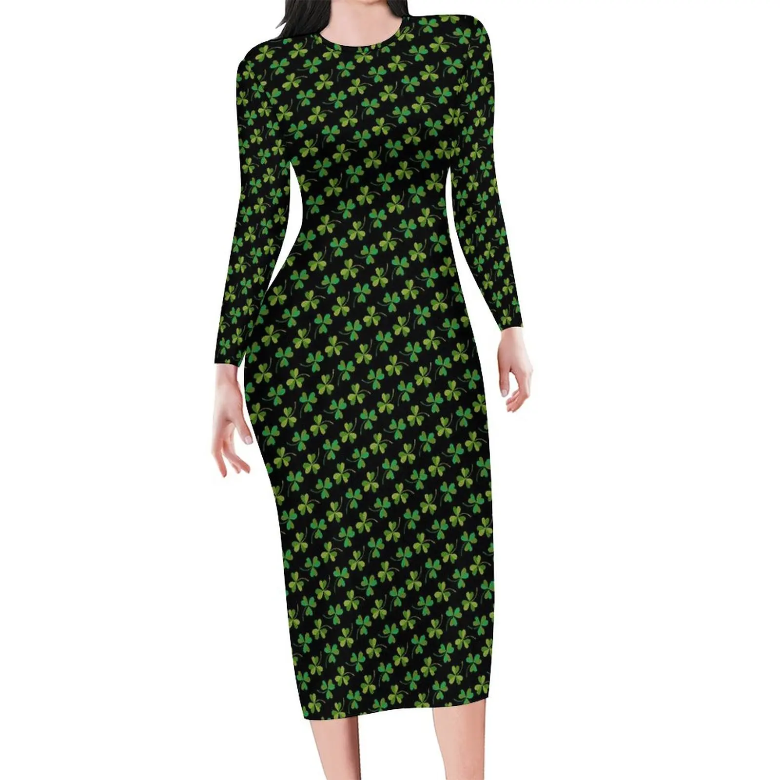 Cute Shamrock Print Bodycon Dress Women St Patricks Day Modern Dresses Summer Long Sleeve Street Fashion Graphic Dress Big Size