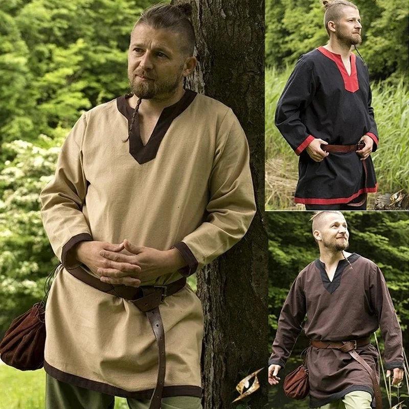 Medieval Costume Robe Men Shirt Long Sleeve Loose Robe Vikings Celtics Cosplay Tunic Pirate Warrior Knight Male Tops S-5XL