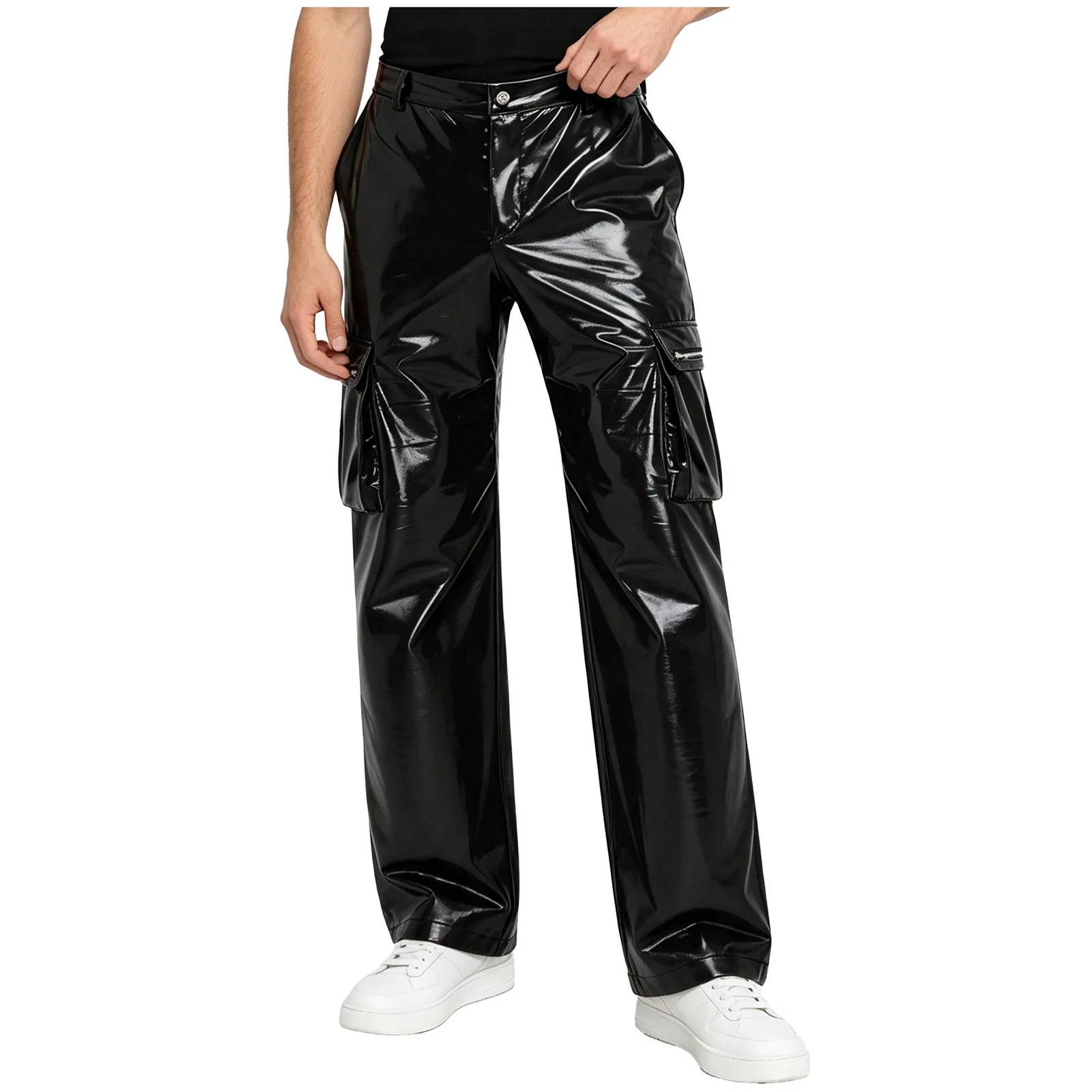 Men Glossy PU Leather Punk Cargo Pants Western Cowboy Bottoms Straight-leg Y2k Trousers Club Disco Rave Clubwear Streetwear