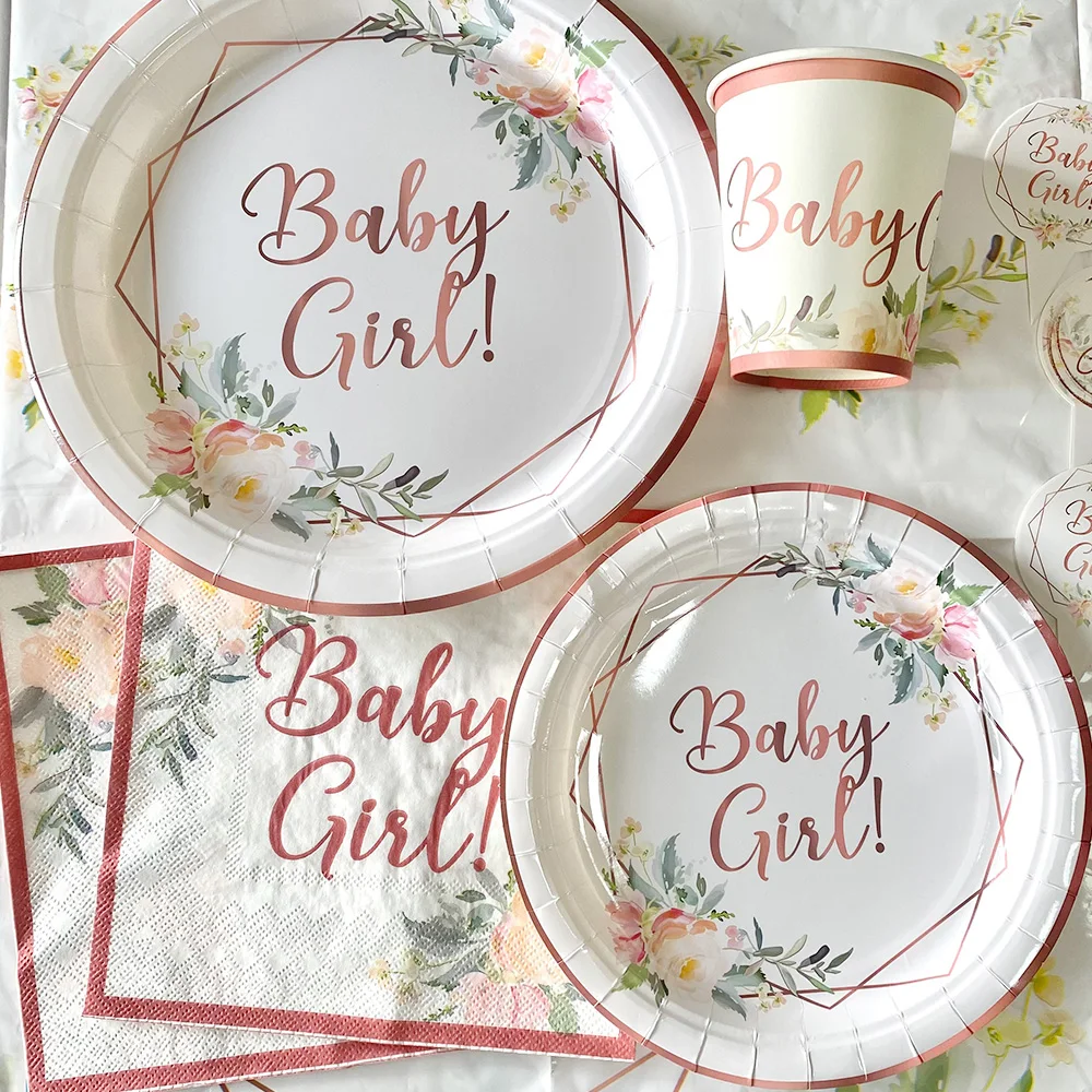 Baby Girl Paper Plates Cups Disposable Tableware Gender Reveals Baby Shower Party Decoration Supplies