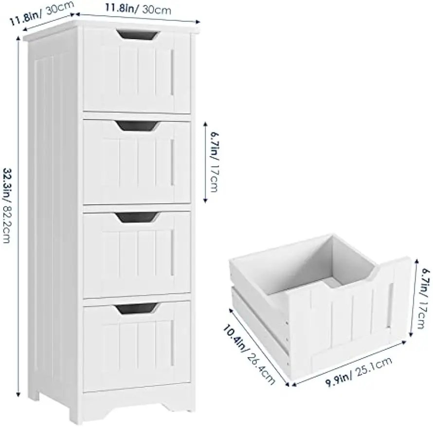 Armario de almacenamiento independiente para baño, mueble lateral con 4 cajones, 11,8x11,8x32,5 pulgadas