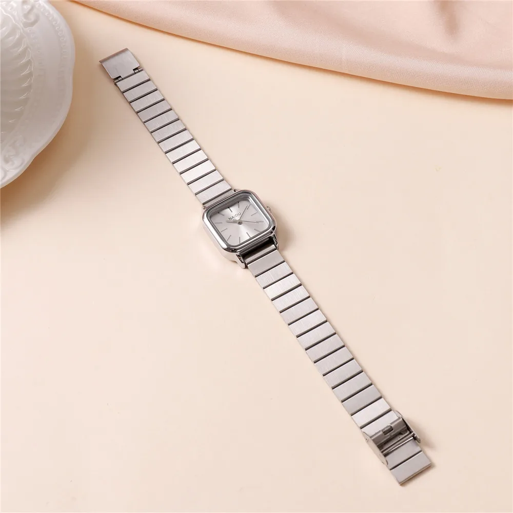 luxury simple square dial silver steel band women lady quartz wrist watch