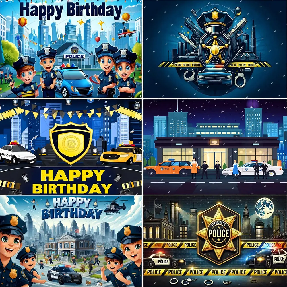 Police Theme Kids 1sth Birthday Party Personalized Photography Background Cartoon Policeman Baby Shower Photo Studio props