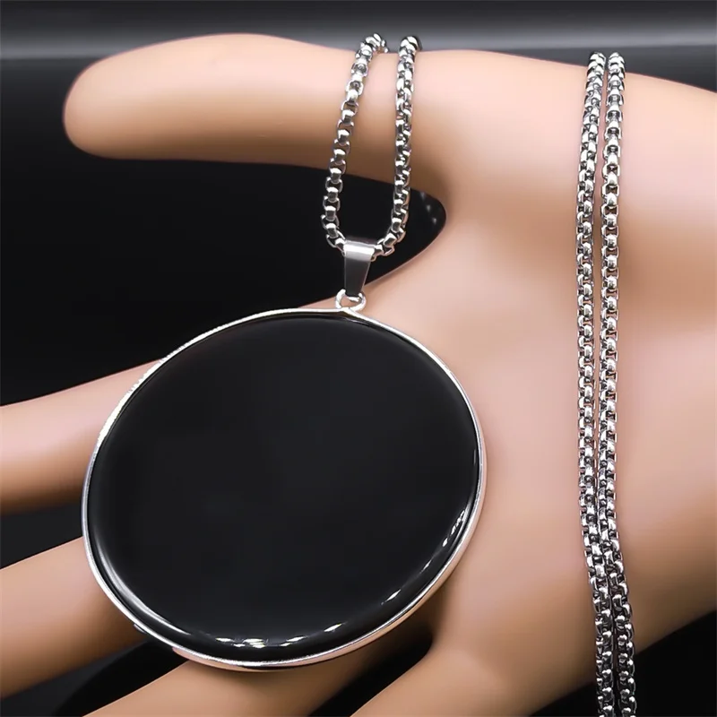 Fashion Big Black Obsidian Necklace Stainless Steel Natural Stone Lucky Pendant Necklaces Chain for Men Jewelry colar feminino