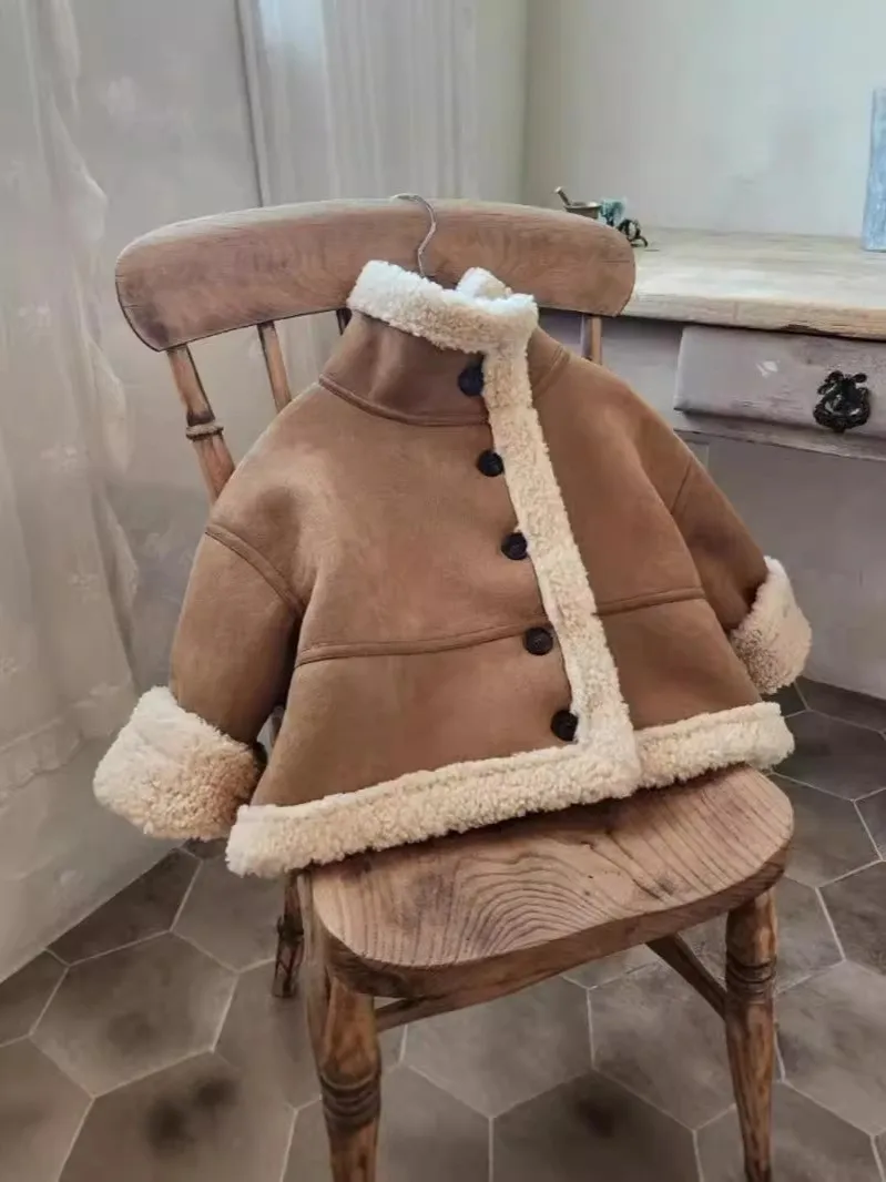 WT2509 Unisex Korean Style Winter Jacket Thick Warm Lamb Fur Collar Fashionable And Stylish New Arrival Baby Boys Girls Coat