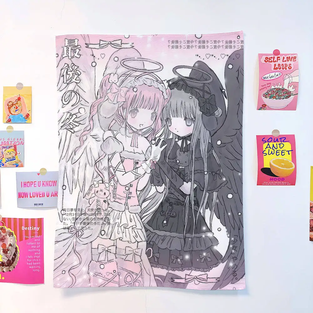 VIKAMA Last Winter Twin Angels Wandteppich, Yami Kawaii Anime-Illustration, Wandbehang für Schlafzimmer, Mädchenzimmer, Wohnheim-Dekoration