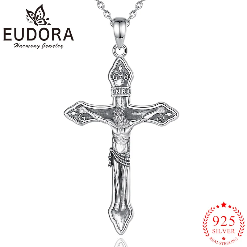 

Eudora 925 Sterling Silver Jesus Crucifix Cross Necklace Vintage Christian Amulet Pendant Men Women Jewelry Exquisite Gift