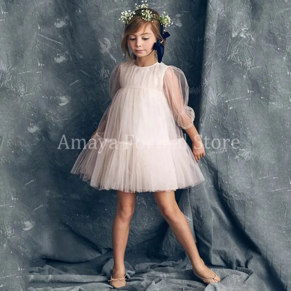 Puffy Tulle Flower Girl Dresses Long Sleeves First Communion Dresses Ruffles Kids Prom Ball Gown Birthday Dress