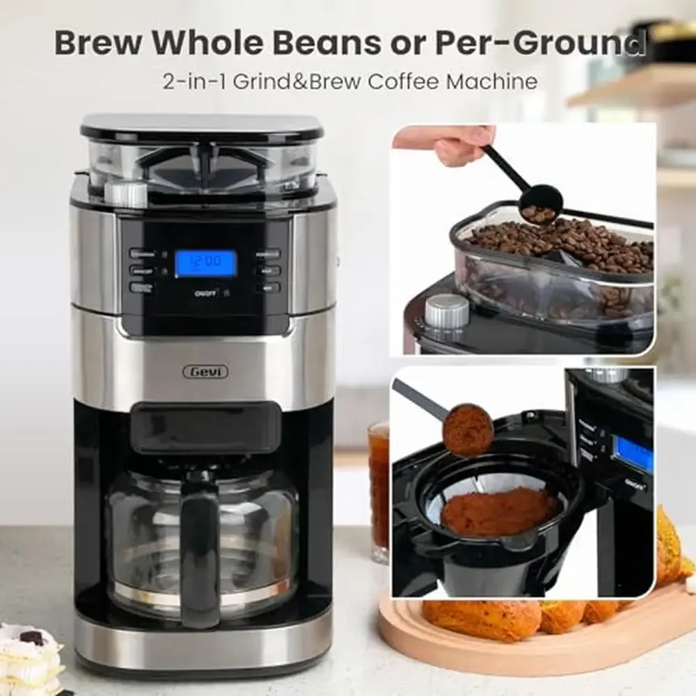 10-Cup Drip Coffee Maker Built-in Grinder Timer Reusable Filter 1.5L Water Tank Home Office Camping Gift Easy Operate Variety