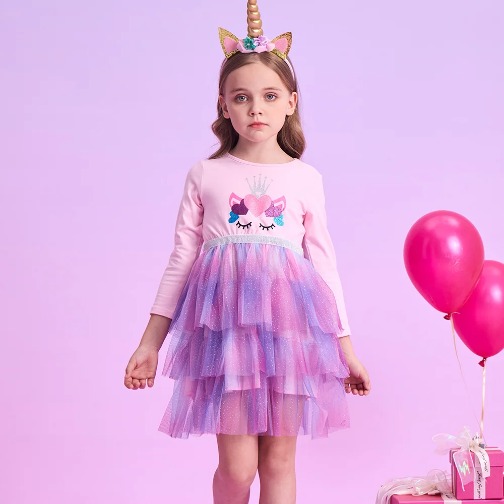 Mädchen Langarm Rosa Lila Einhorn Cartoon Kleid Kinder Farbverlauf Geschichteten Tüll Rock Glitter Krone Prinzessin Party Casual Kleid – Detail 3