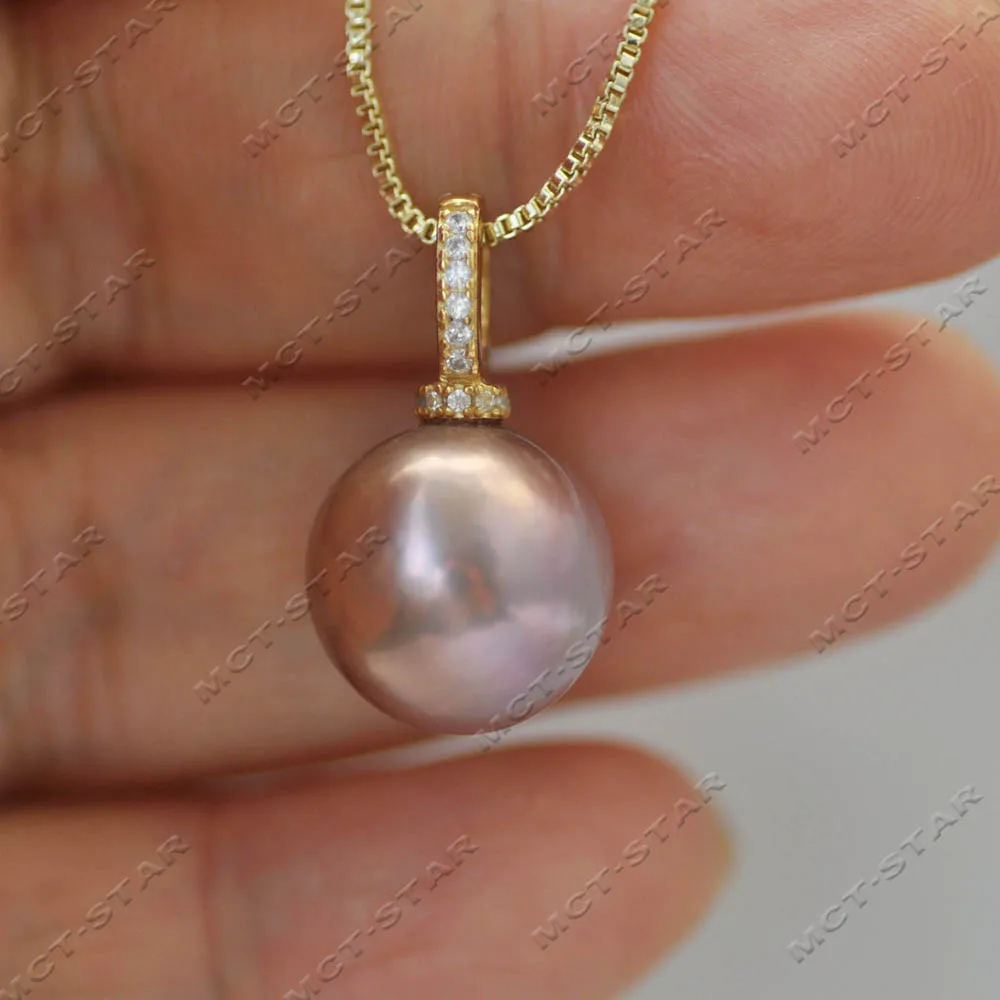 MCT·STAR A++ Natural Lavender 14mm round Edison Pearl Pendant with CZ Chain Elegant Jewelry Accessory (Z14388)