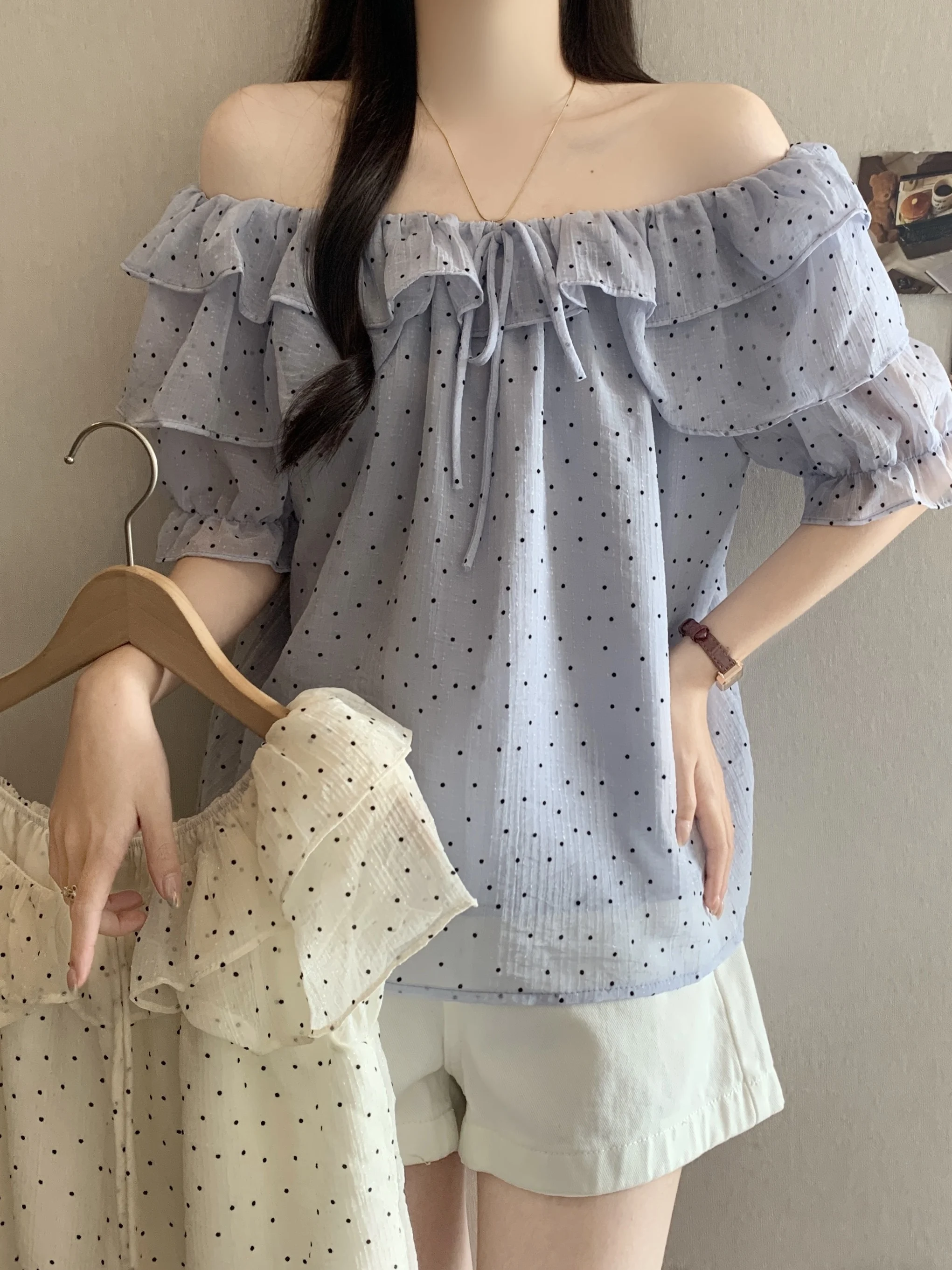 

plus Size Korean Style One Shoulder Short Sleeve Chiffon Top Women's Summer New Fashion Belly Cover Slimming Trendy Top