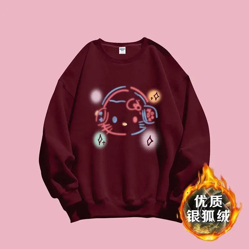 

Женская толстовка Sanrio Hello Kitty, пуловер, топ, утепленная флисом, осенне-зимний стиль, корейский свободный крой, круглый вырез, с принтом