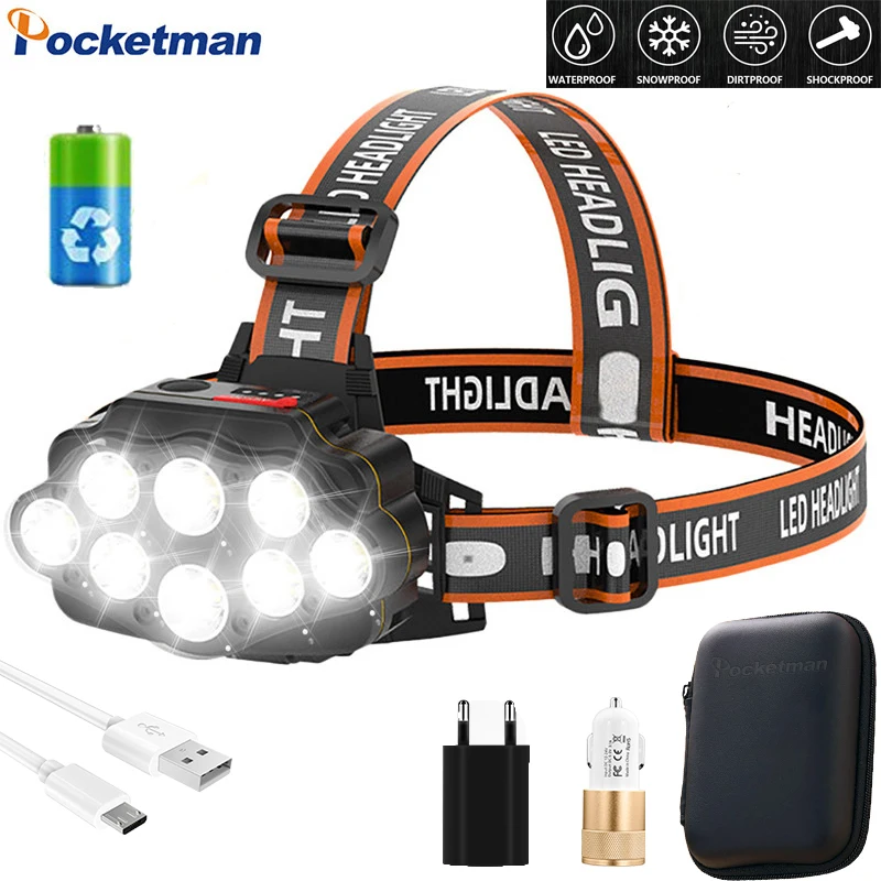 

Super Bright 8 LED Headlight Powerful Headlamp USB Rechargeable Head Lamp Lantern Waterproof Head Front Light Head Torch