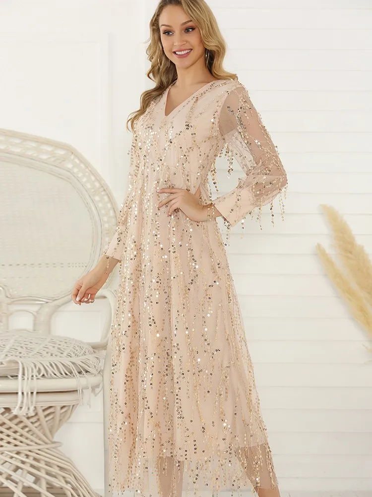 Vestido de noite feminino lantejoulas franja embelezado decote em v manga longa linha a plissado dupla camada cintura magra vestido halter