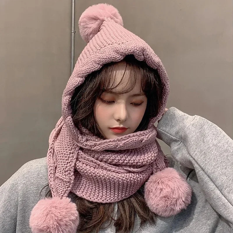 Korean Version  Wool Hat Women's Autumn  Winter With a Scarf One-piece Hat Cute Wool Bulbous Ear thickening warm knit hat