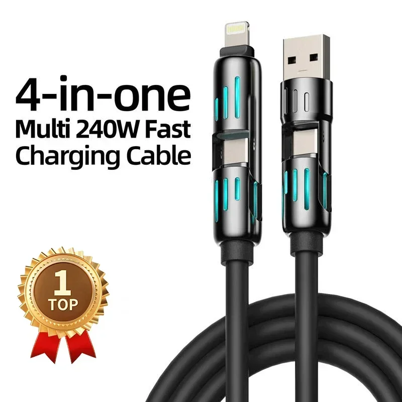 

4-in-1 USB Charging Cable ( Free Storage Bag), fast charging MAX 240W USB A TYPE C Lightning for iPhone 16/15 Samsung Galaxy