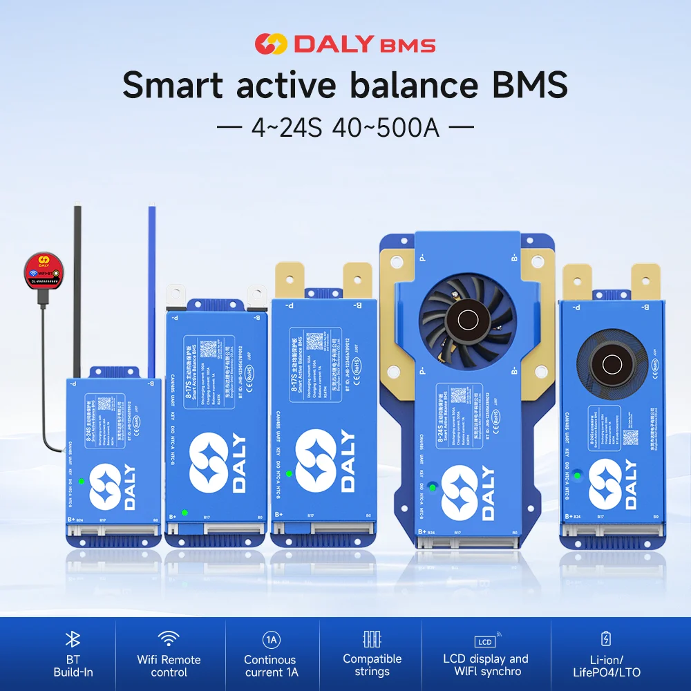Daly Smart BMS 4S-24S 40A 100A 150A 500A with WIFI built in bt 1A Active Balance 8S 12S 16S 17S for Lifepo4 NMC Li-Ion battery