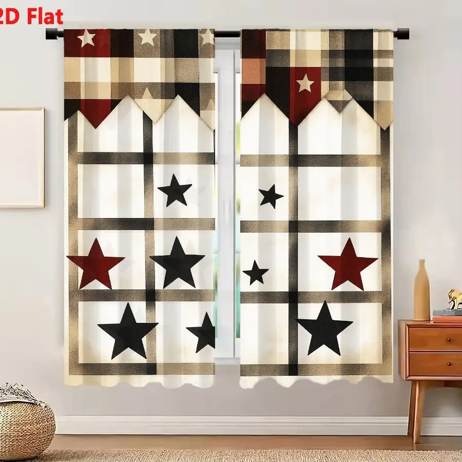 2Pcs Curtains 2D Flat Checkered Star Motif Decorative Design Rustic Patriotic Folk Art Pattern Window Drapes for Bedroom Room De