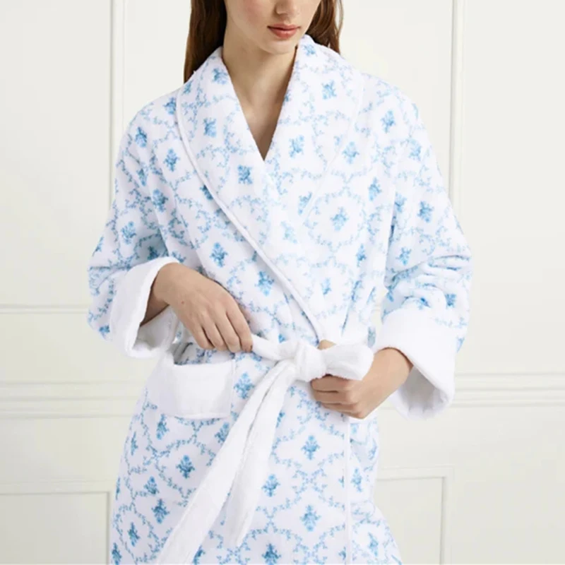 Women Fall Winter Prints Robes with Pockets Retro Lapel Long Sleeve Cozy Sleepwear Comfort Soft Long Sleepwear Lounge for Hotel