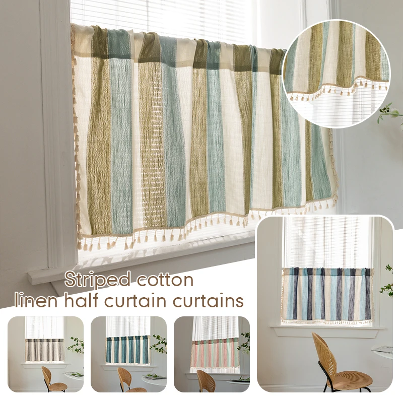 Short Cotton Curtain for Kitchen Window, Gray Stripe, Linen, Living Room, Cafe Cabinet Cover, New Half Curtain