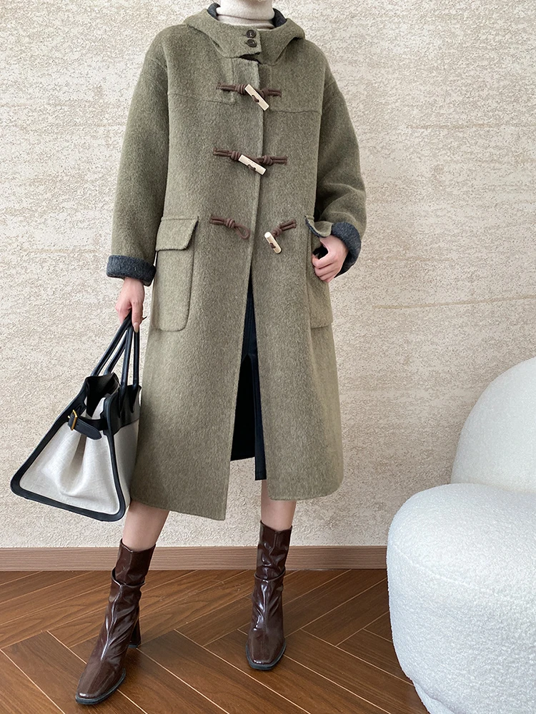 67% Wool Green Horn Buckle Big Size Woolen Coat New Hooded Long Sleeve Women Jacket Fashion Autumn Winter