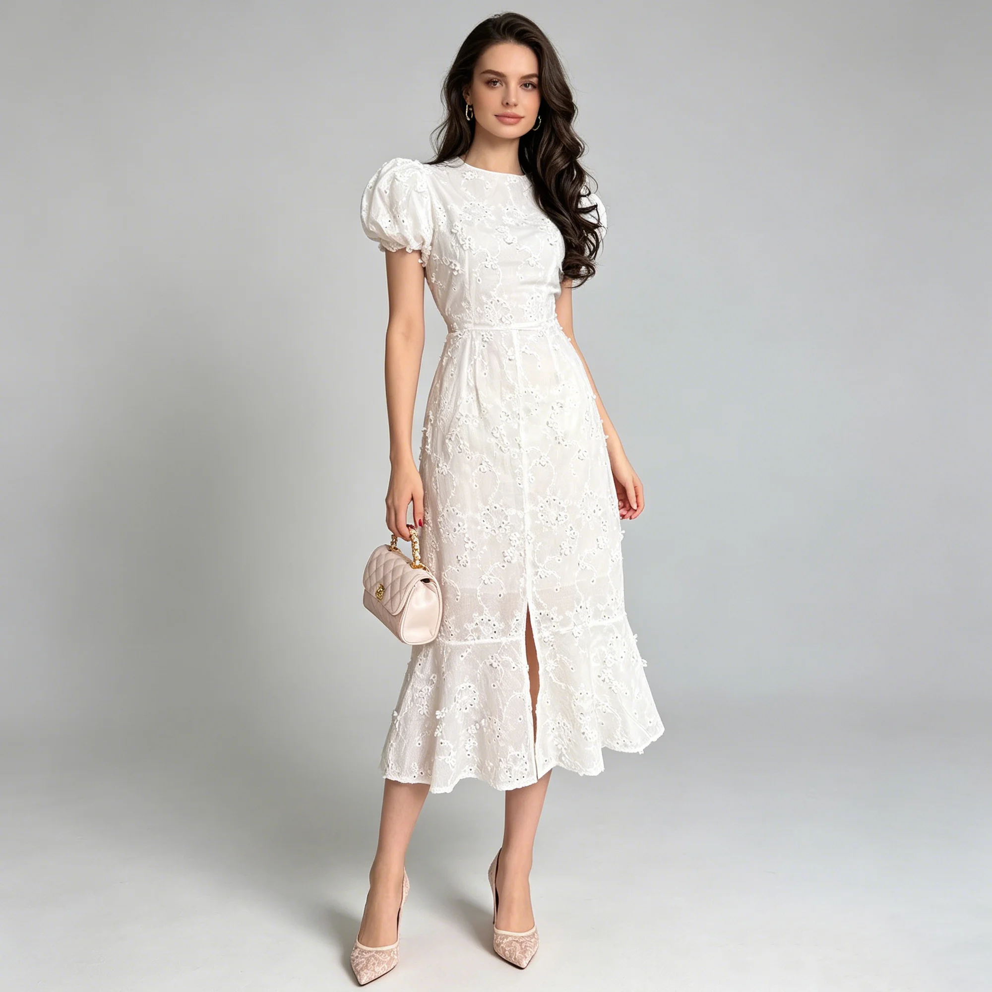 

CiCi 2026 Floral Embroidery Midi Dress Women Puff Sleeve Slit Hem Elegant Spring Summer Wedding Guest Ruffle Hem Casual